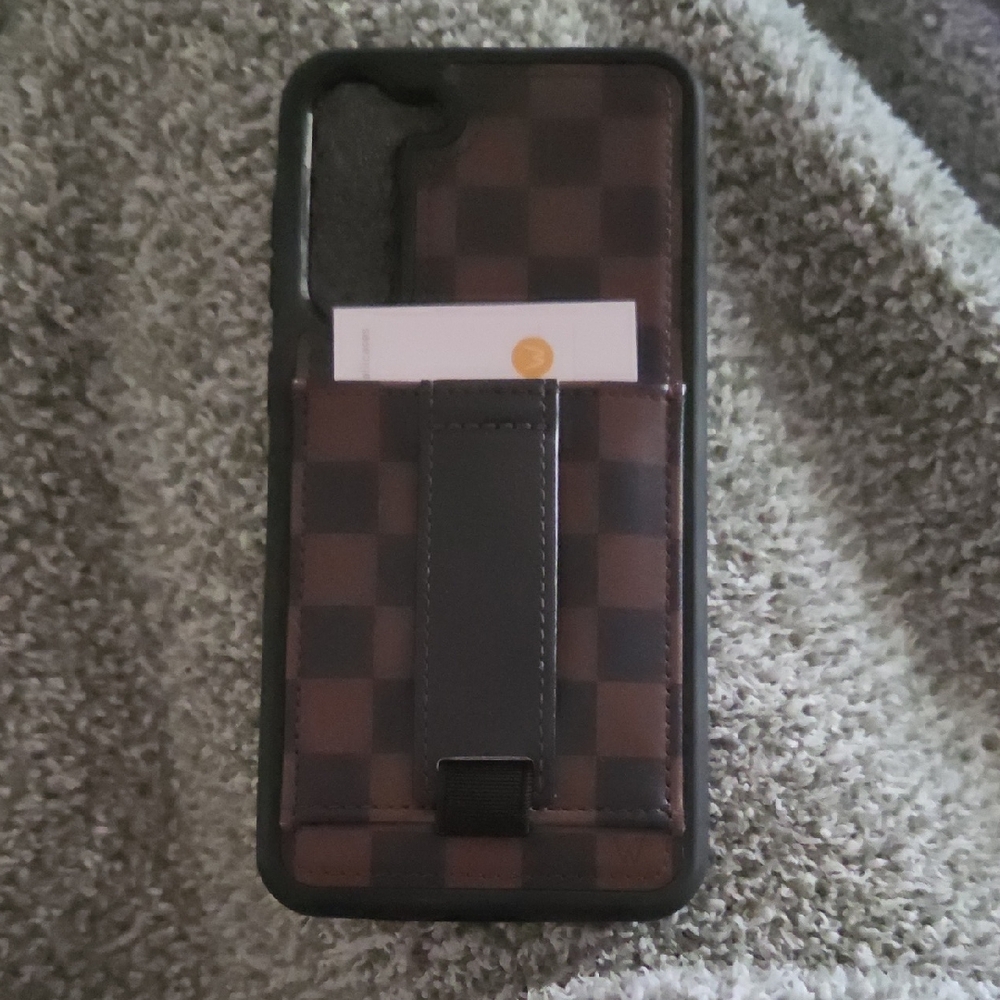 Brown Checkered Phone Card Slot Case with Hand Strap